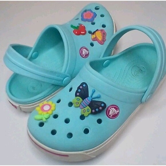 CROCS Other - Crocs Kids Girls Sz C 12/13 Aqua Blue /Pink White w Charms Flowers Butterflies